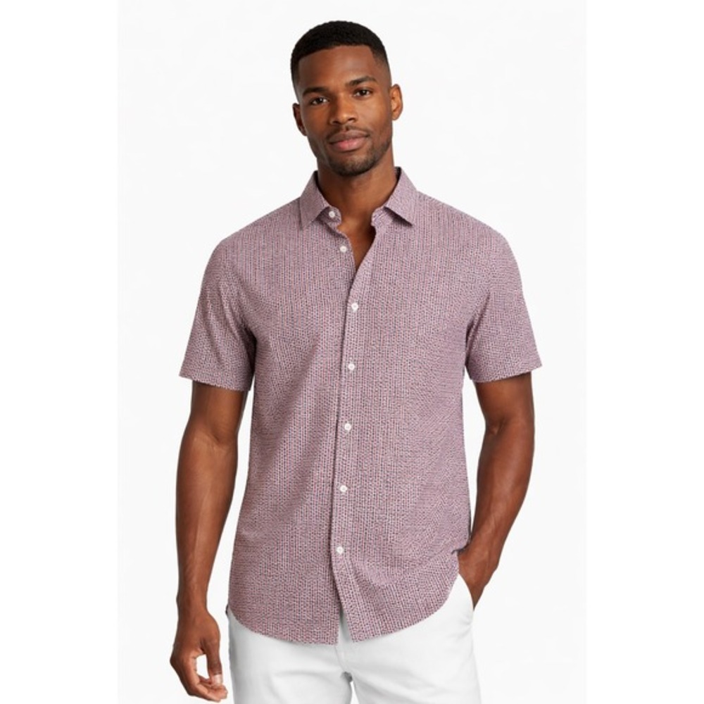 Murano Slim Fit Short Sleeve Button Down Shirt Red Navy Geo XL Festive 88-43